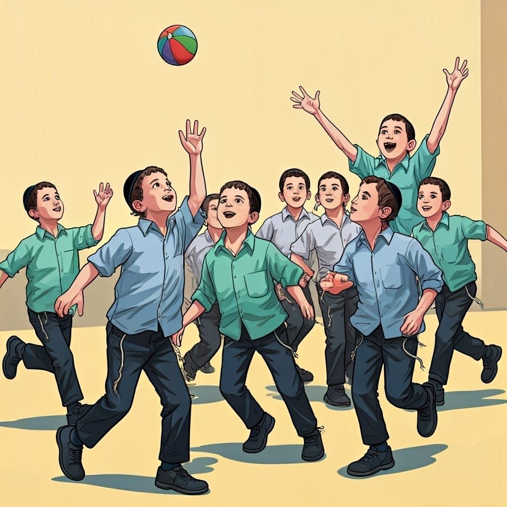 Joyful Haredi Children Play in a Vibrant Schoolyard Scene