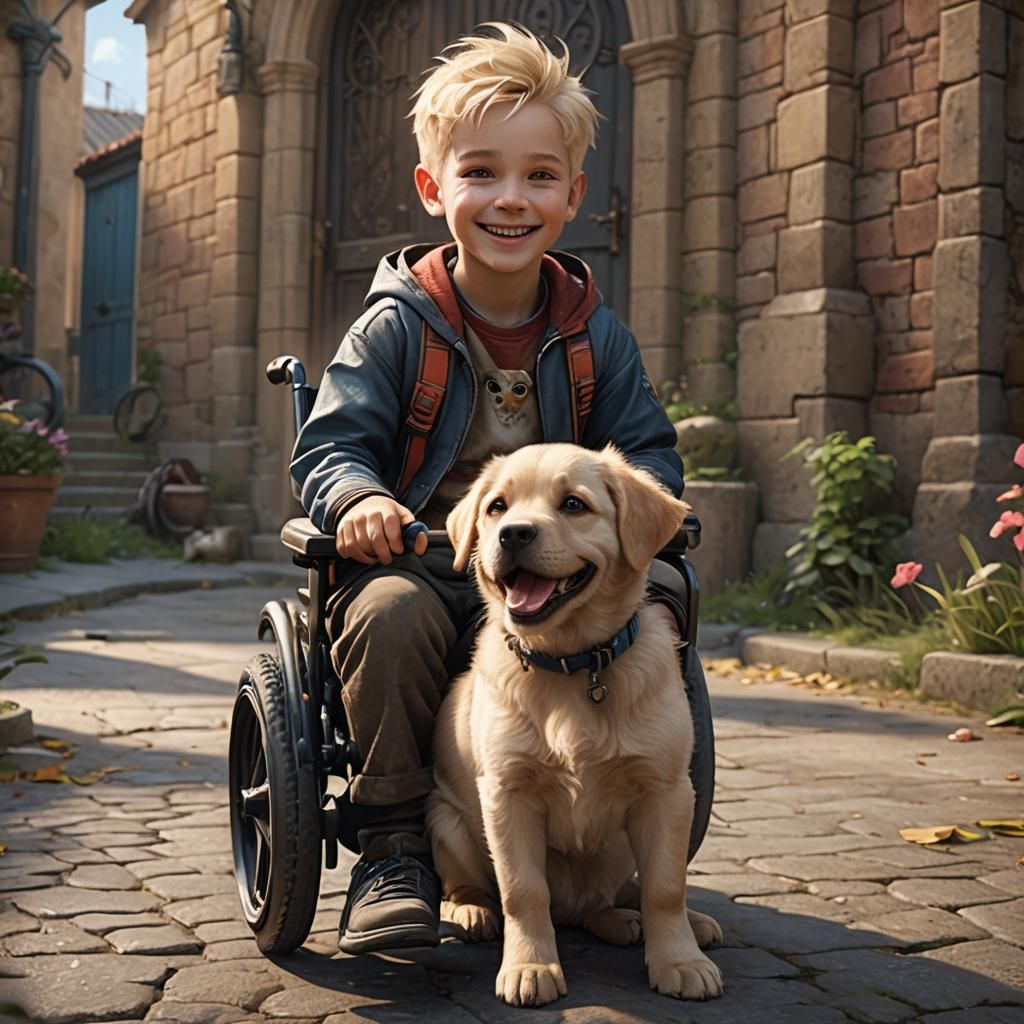Smiling Boy with Puppy in Detailed Matte Painting
