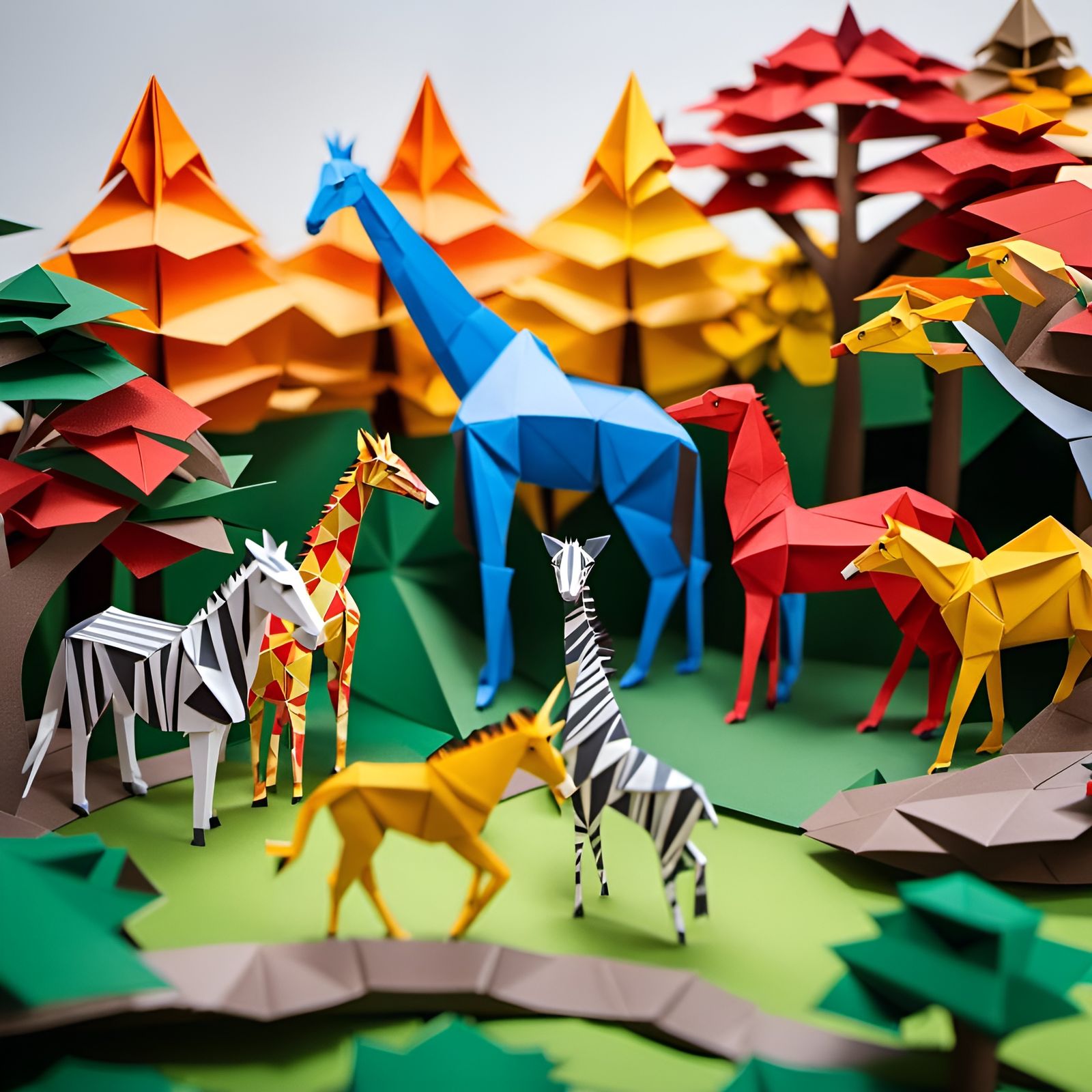 Origami Zoo Scene in Polychromatic Style