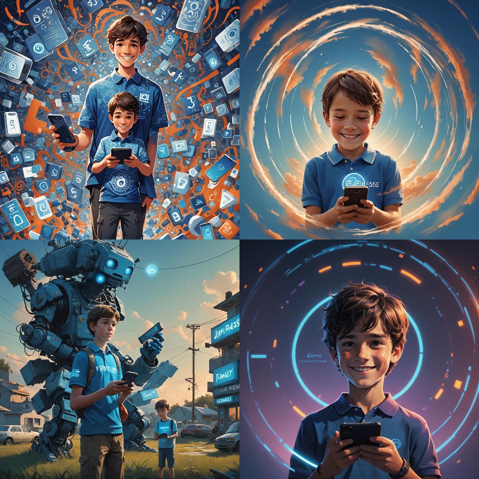 Child Smiling with Smartphone Inside Blue Light Halo