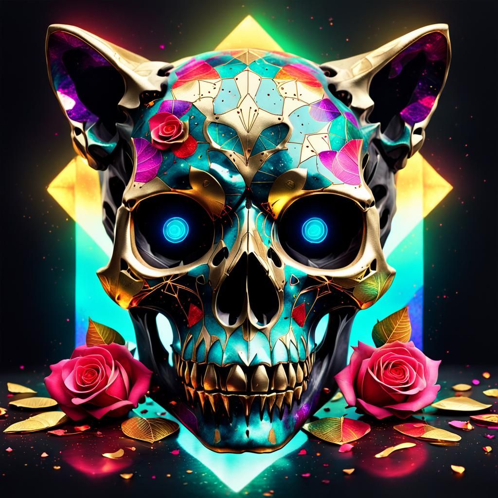Cat Skull with Roses in Bauhaus Style