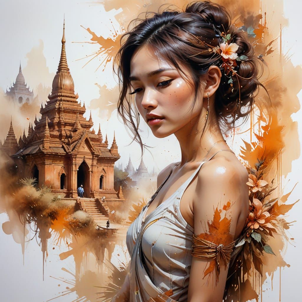 Mystical Bagan Plains at Dawn: Watercolor Landscape