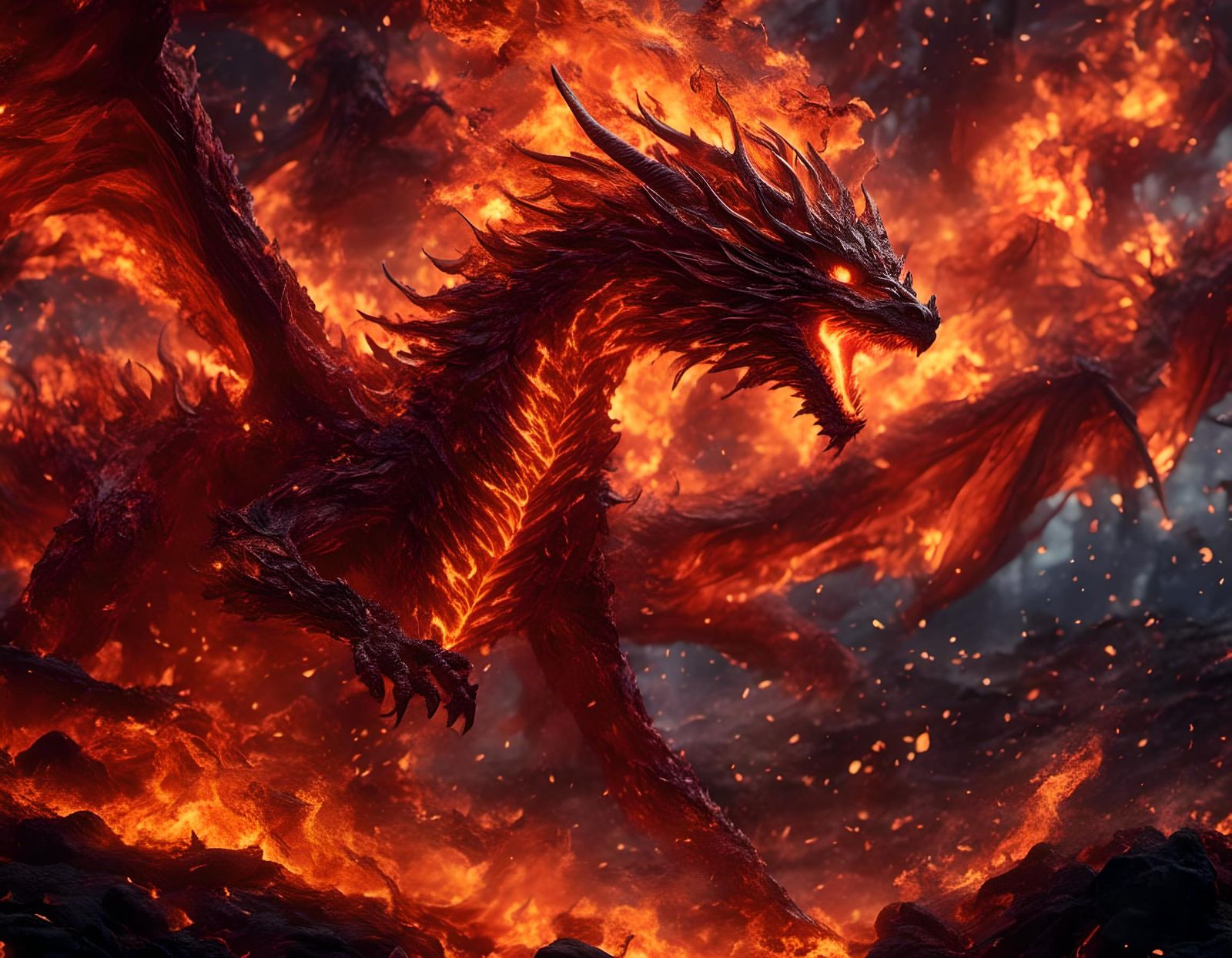 Humongous Fiery Fantasy Dragon in Hyperreal Style
