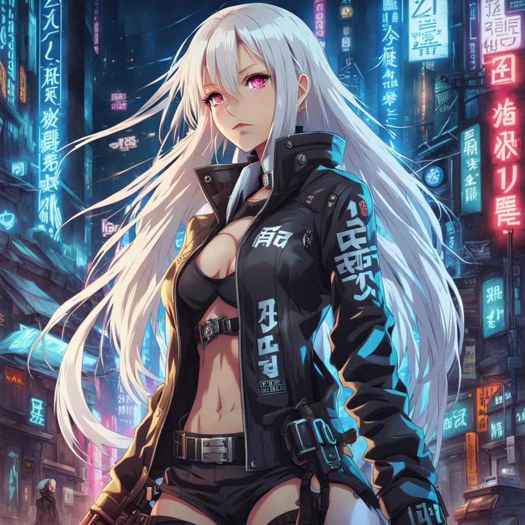 Cyberpunk Anime Girl with White Hair
