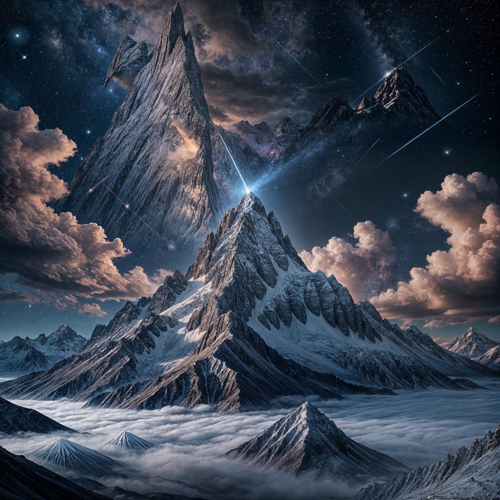 Obsidian Peak Under Cosmic Sky: Surreal Art