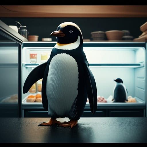 Cinematic Still of a Penguin in a Refrigerator, Shot in 35mm...