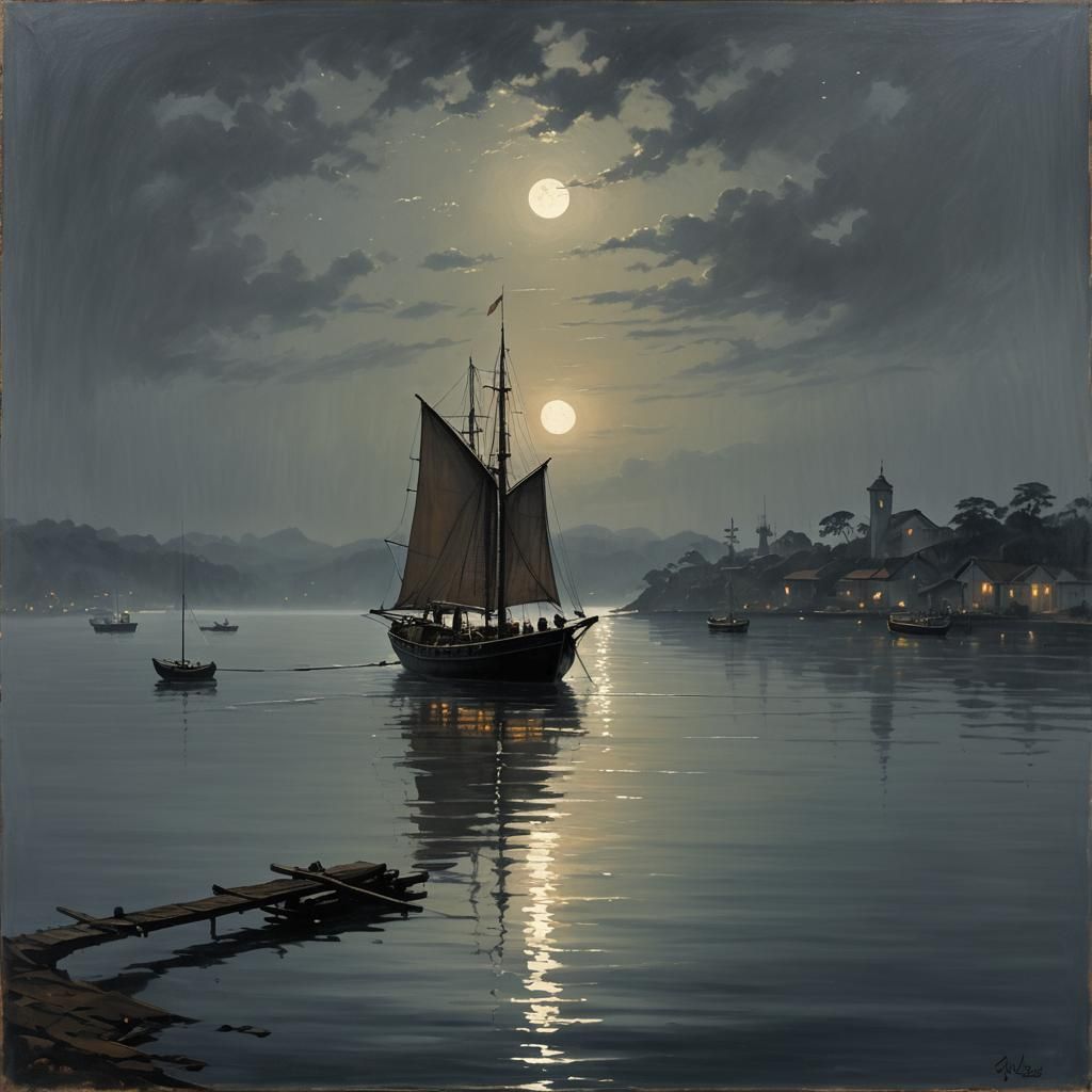 Charon's Boat at Moonlit Pier: Oil Painting