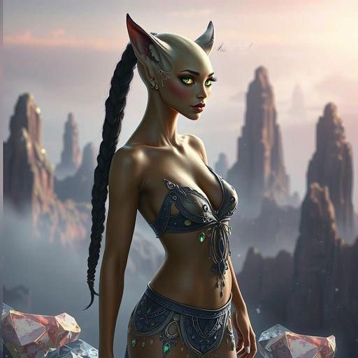 A feline-humanoid alien woman, wearing a delicate, gemstone-...