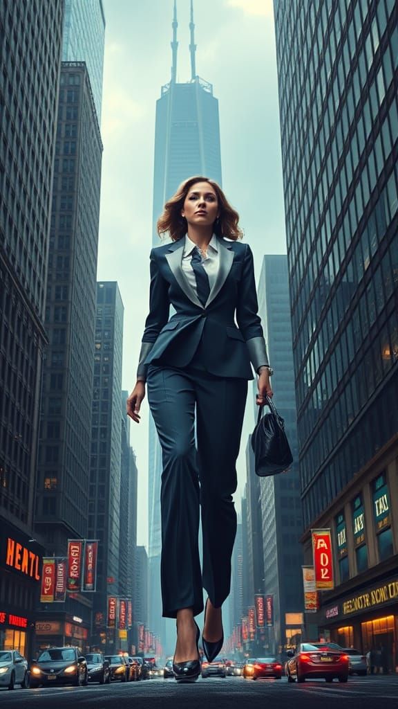 Surreal Businesswoman Dominates Cityscape in Dramatic Style