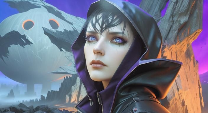 Hooded Figure in Eerie Dystopian Gothic City