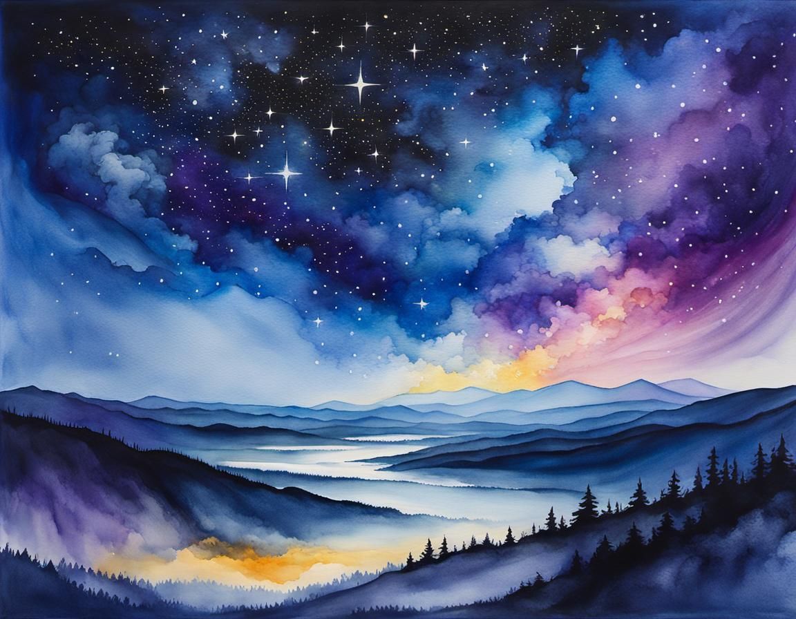 Celestial Night Sky Watercolor Painting in Turner Style
