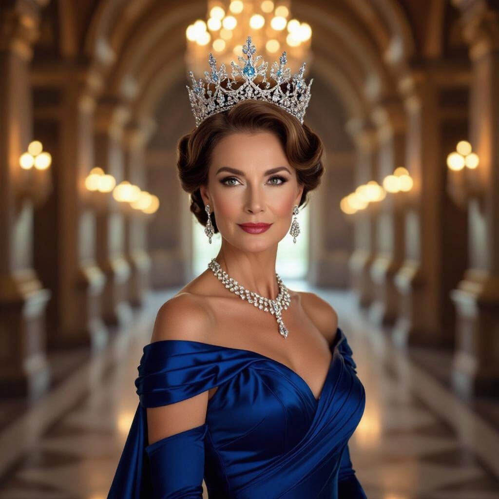 Elegant Queen in Ornate Castle Hall