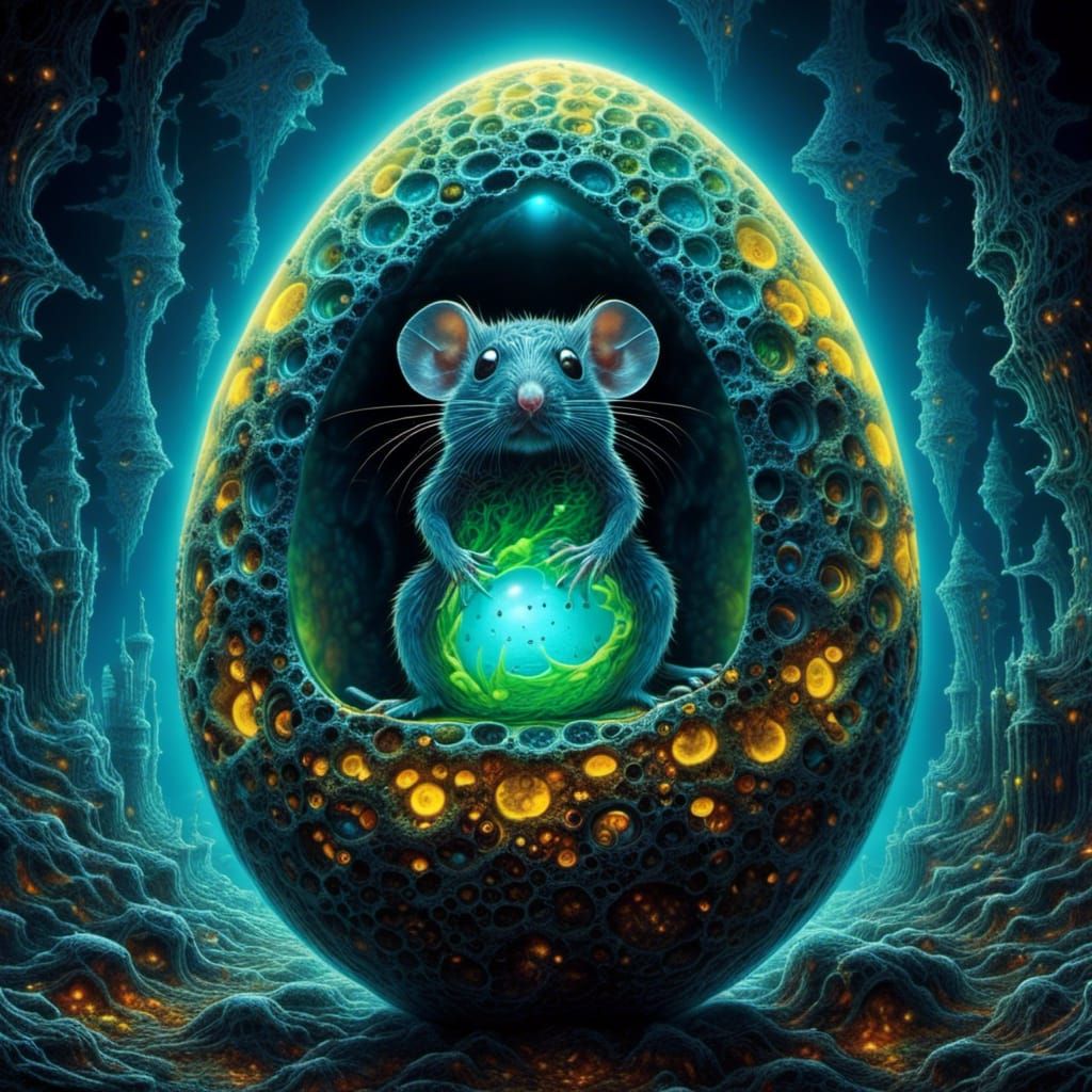 Aqua Chibi Mouse Hatching in Chromatic Surrealism