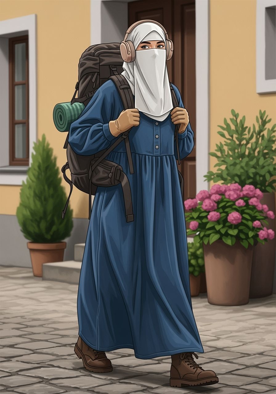 Elegant Niqabi Woman in Denim Dress With Backpack