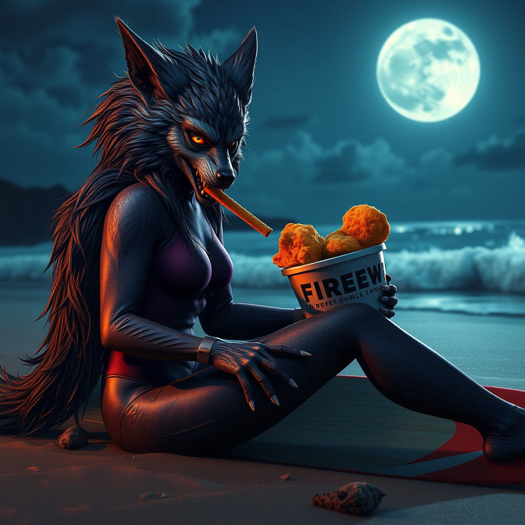 Surreal Werewolf Surfer at Night: Fantasy Art