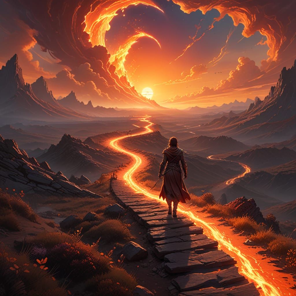 Lone Figure Walks Towards Fiery Horizon in Epic Fantasy Art