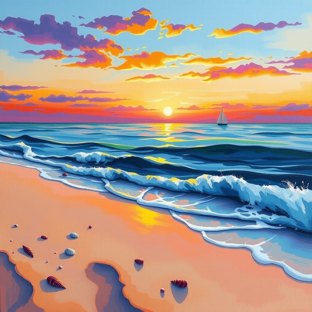 Seaside Gouache Painting at Dusk in Hockney Style