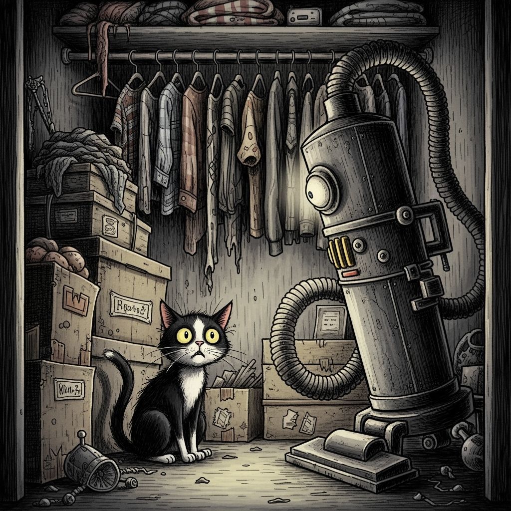 Tuxedo Cat Hides from Menacing Vacuum in Dim Closet