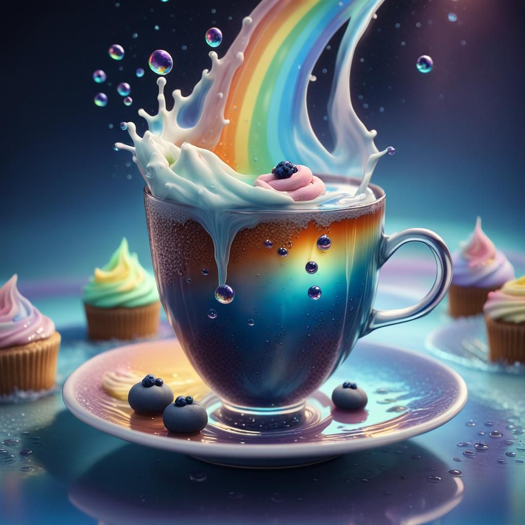 Bioluminescent Tea Cup with Rainbow Foam: 3D Render