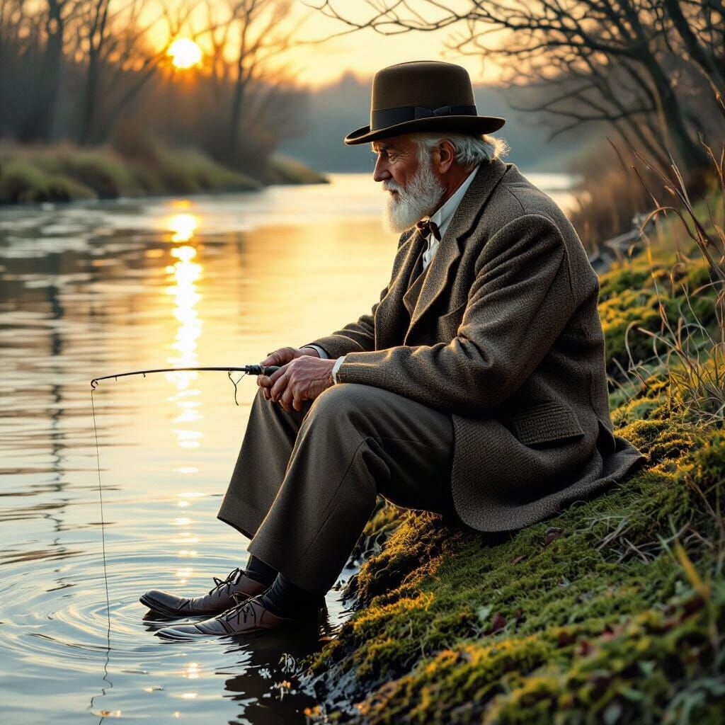 Fisherman in Setting Sun, Rockwell and Rackham Style