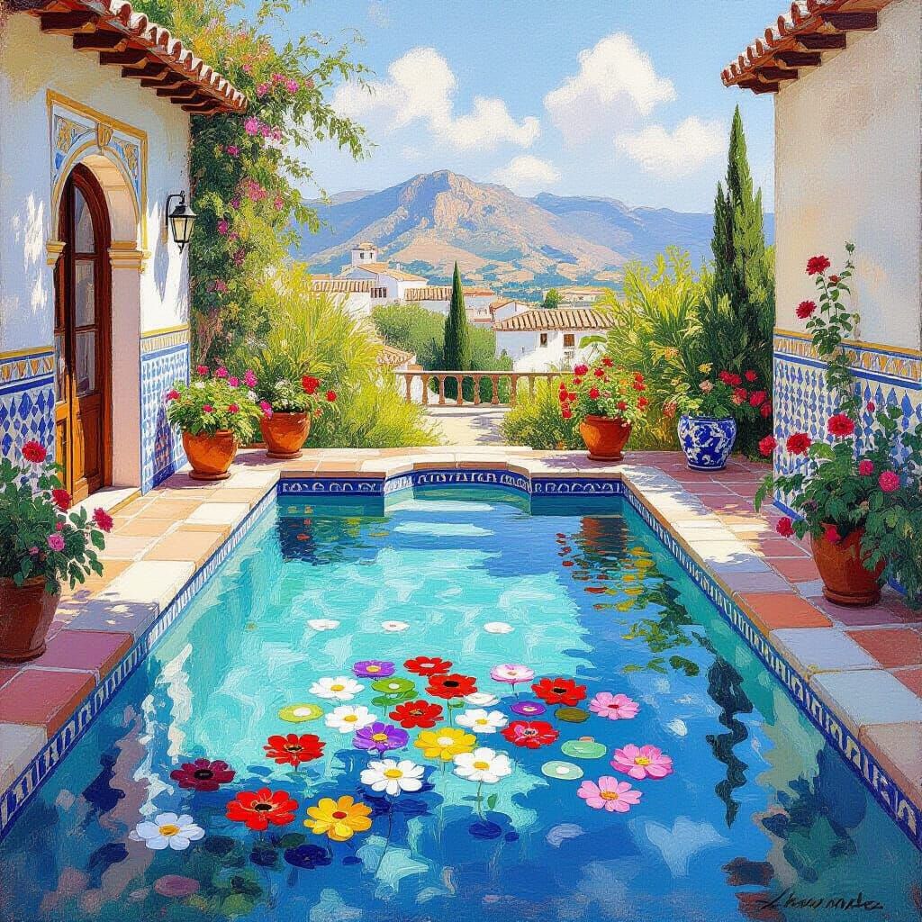 Andalusian Patio Pool with Floating Flowers, Impressionistic...