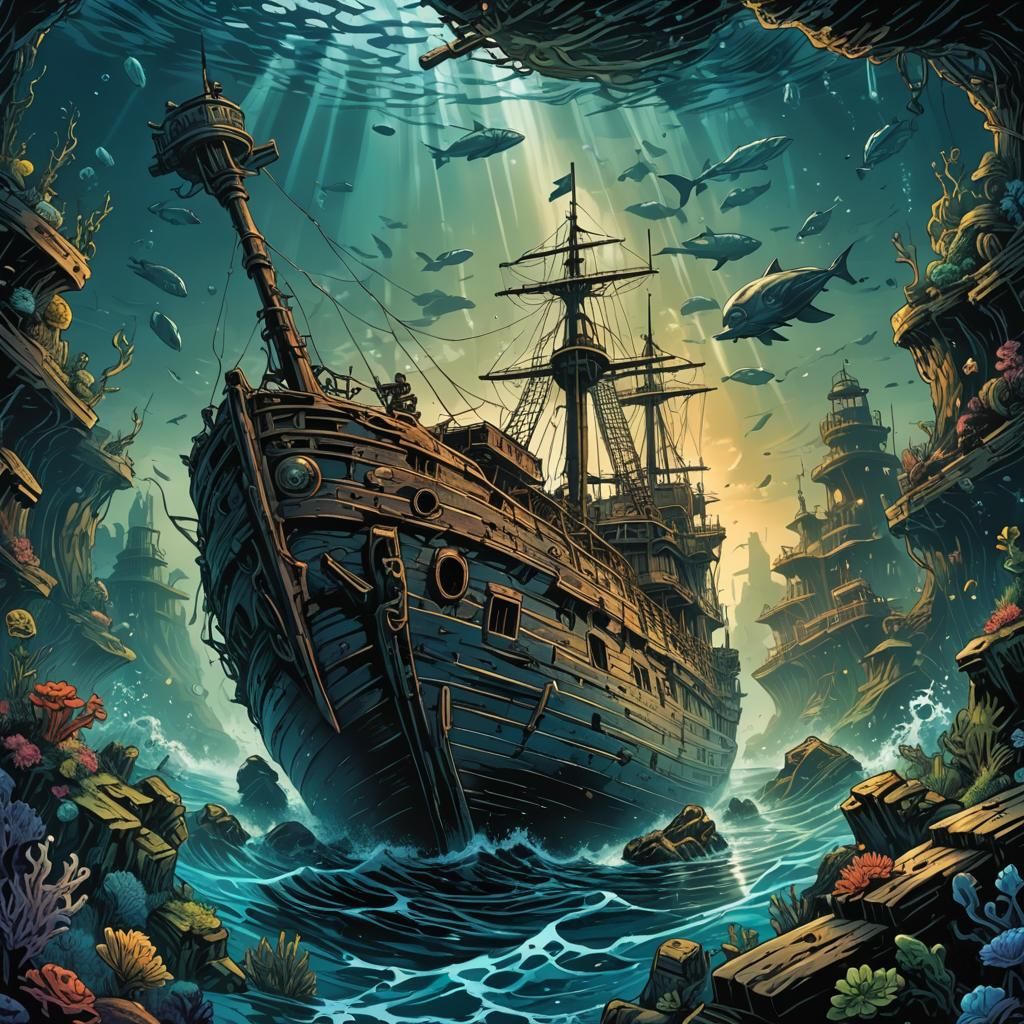 Sunken Ship in Underwater Comic Book Art
