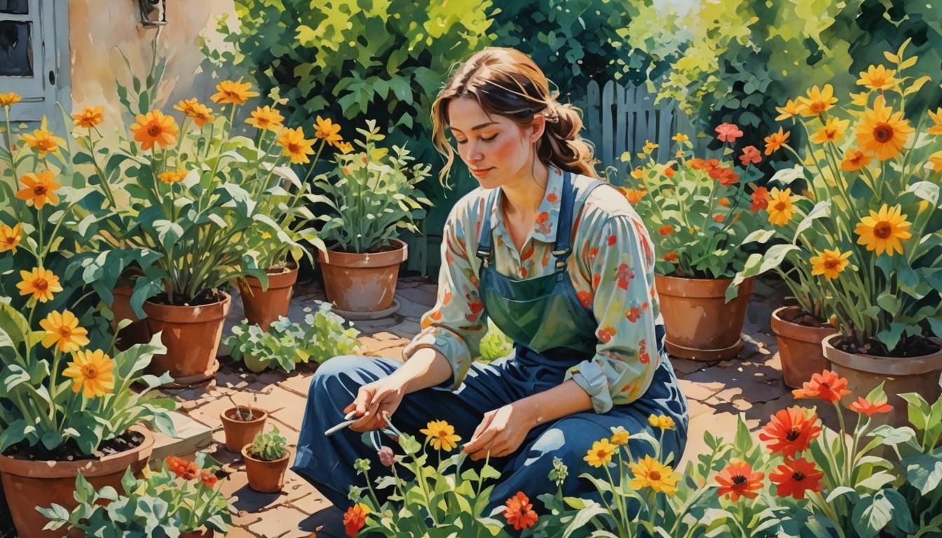 Woman Gardening in Gouache Style Impressionist Masterpiece