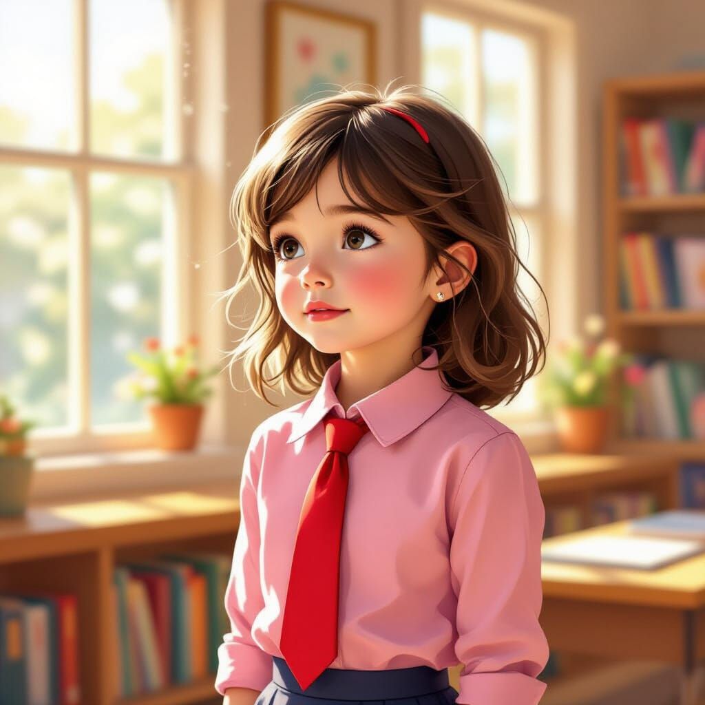 Girl in Sunlit Classroom, Storybook Style