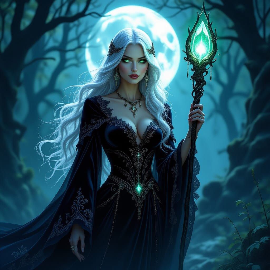 Beautiful Baba Yaga in Moonlit Forest Digital Painting