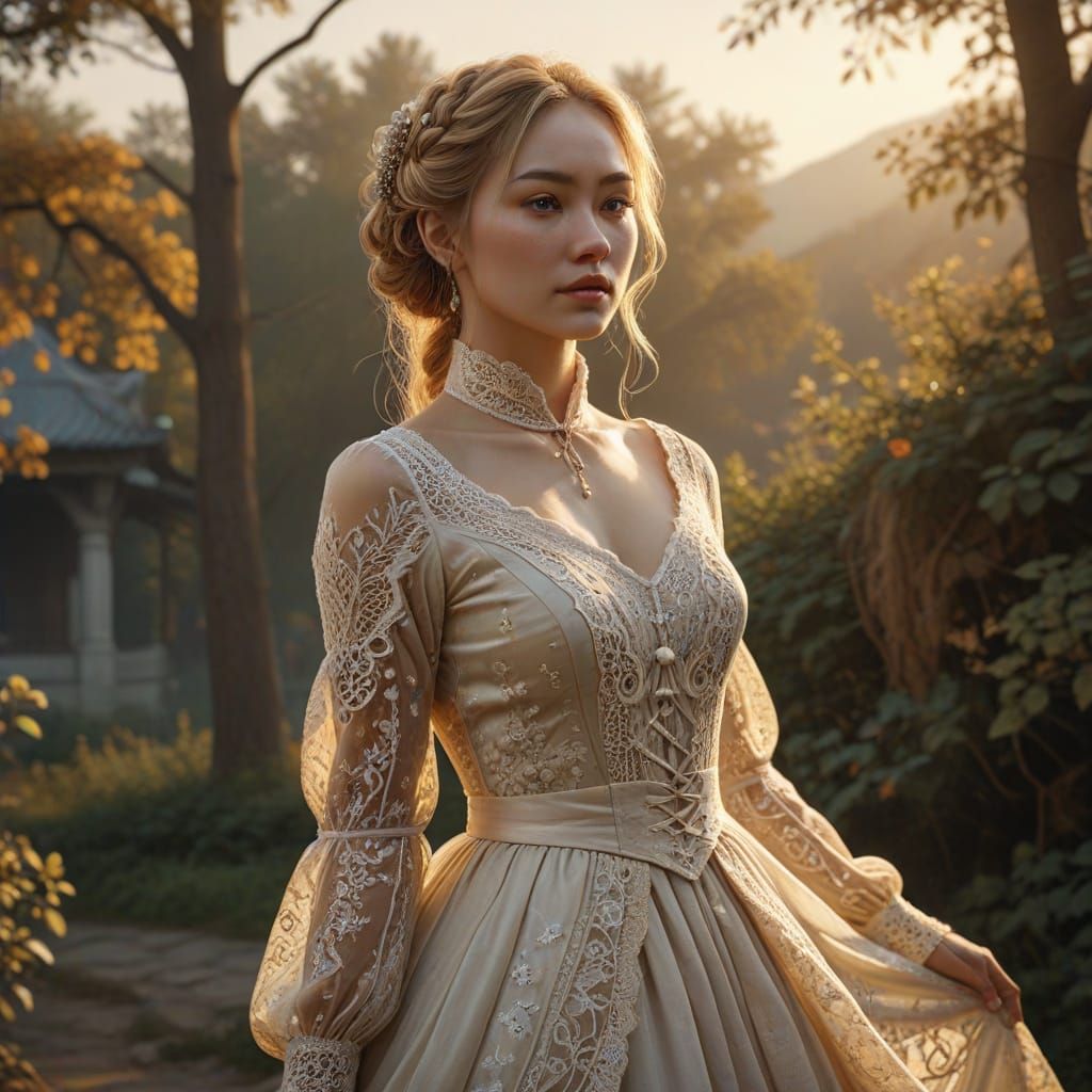 Victorian Woman, Half Korean Half Russian, in Golden Hour