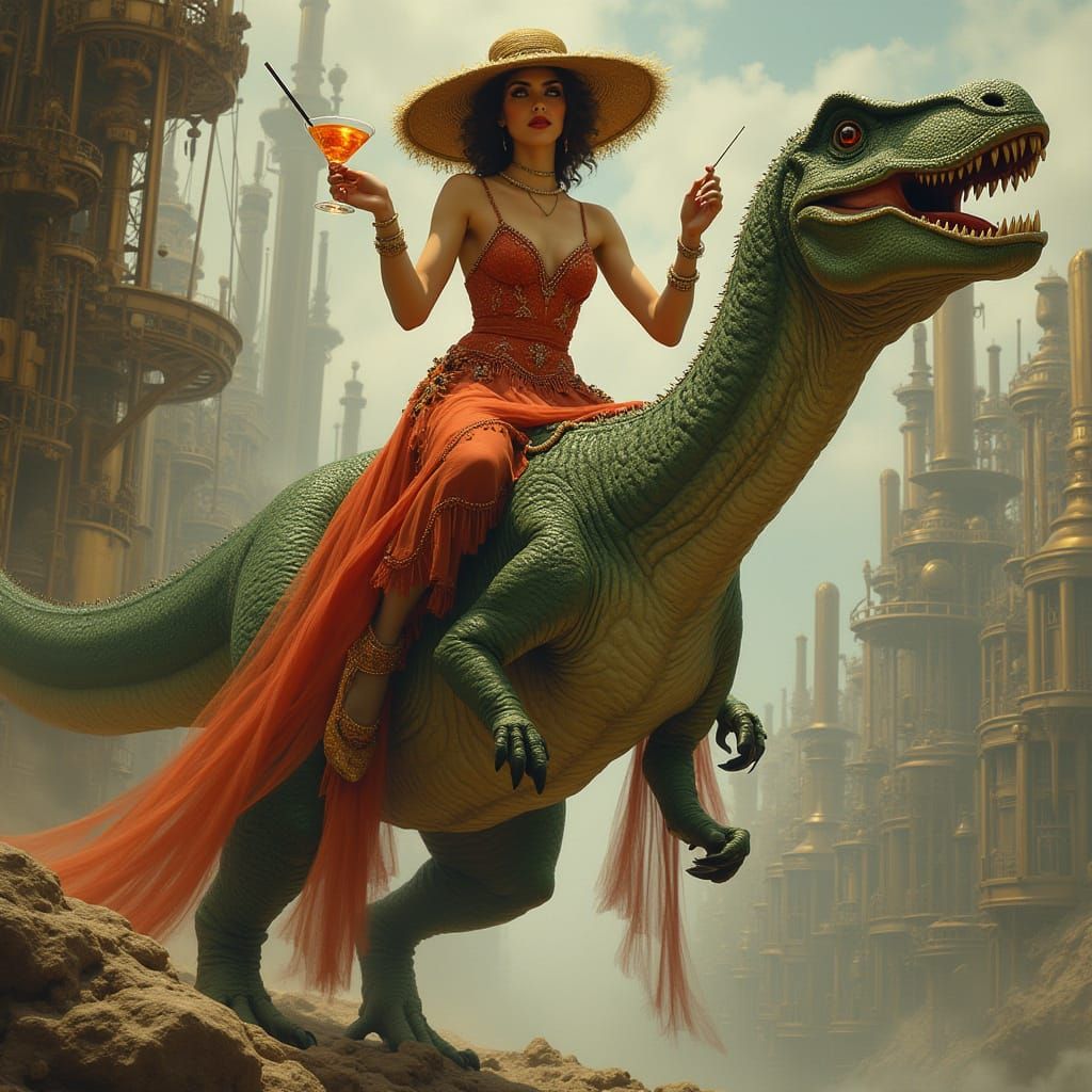 Flapper Riding Dinosaur in Steampunk Art Deco Style