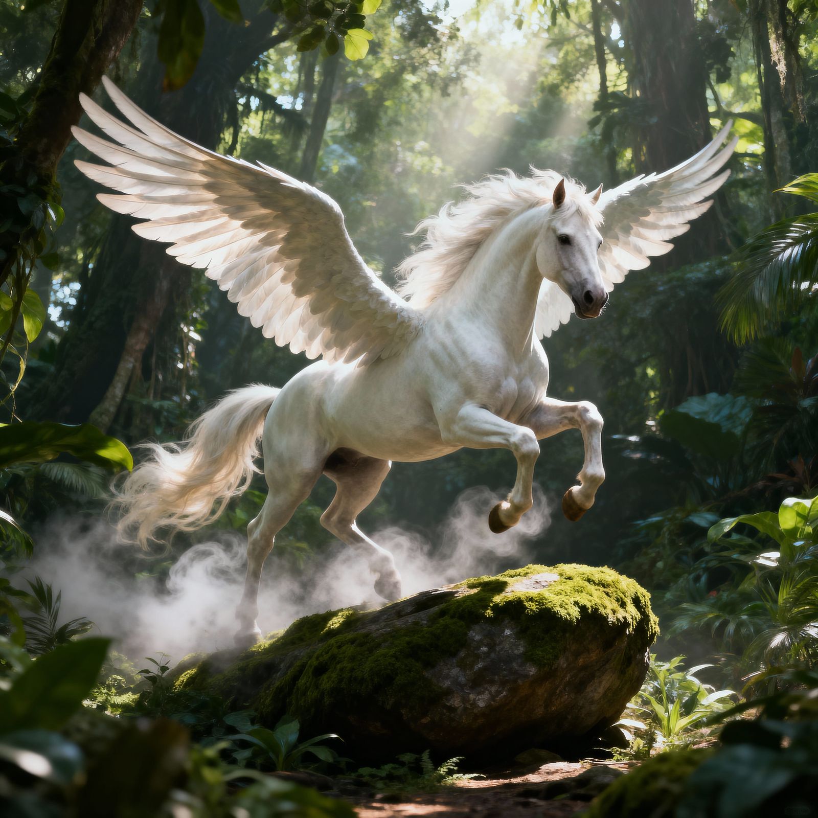 Majestic Pegasus Landing in Lush Jungle Clearing