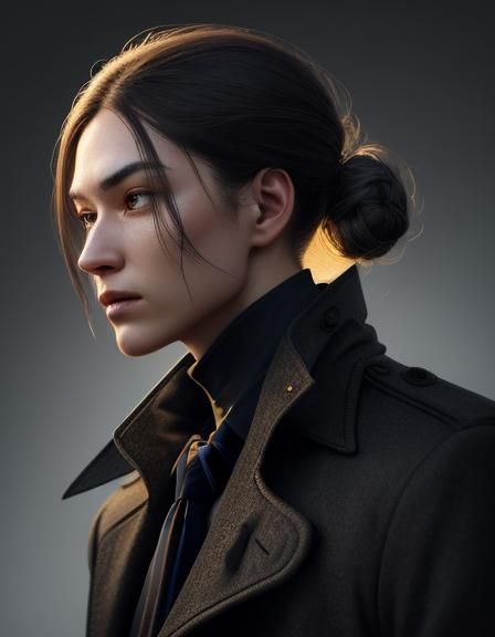 Hyperrealistic Detective Portrait in Trench Coat