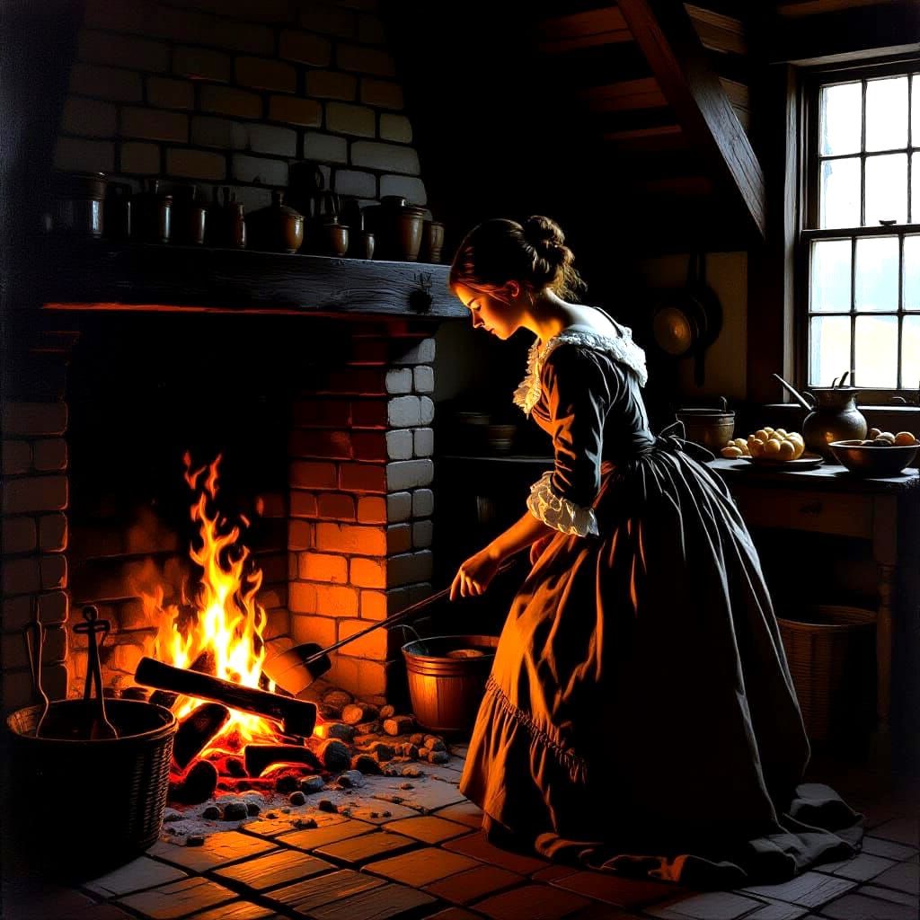 Colonial Woman Tends Fire in Rustic Tavern