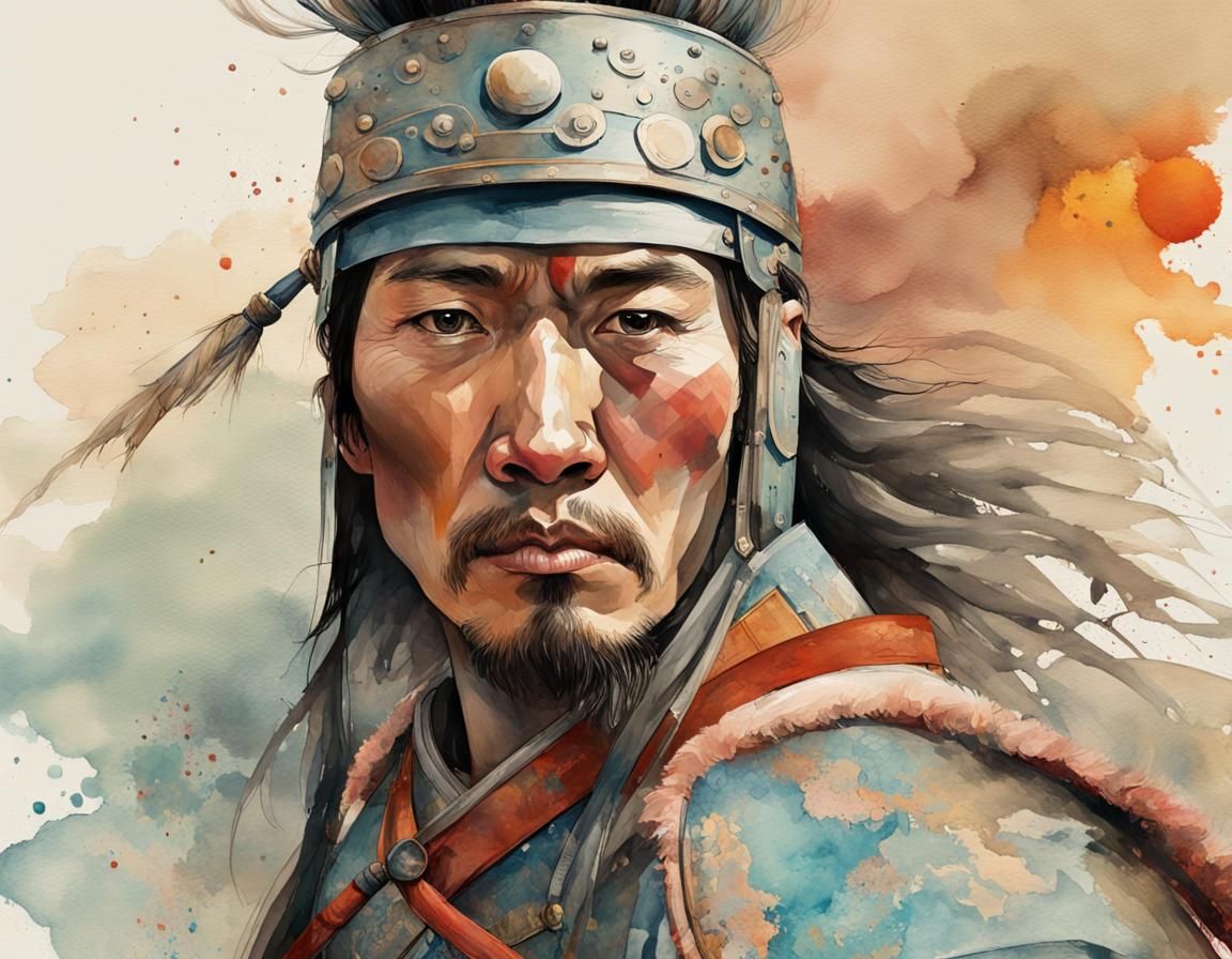 Mongol Warrior Portrait in Watercolor Style