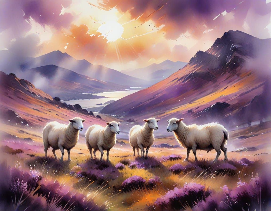 Sheep Grazing on Violet Hills in Neo-Impressionist Style