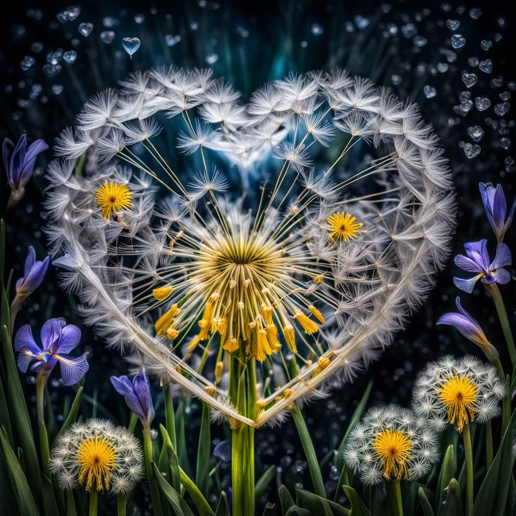 Dandelion Iris Floral Heart in Crystal