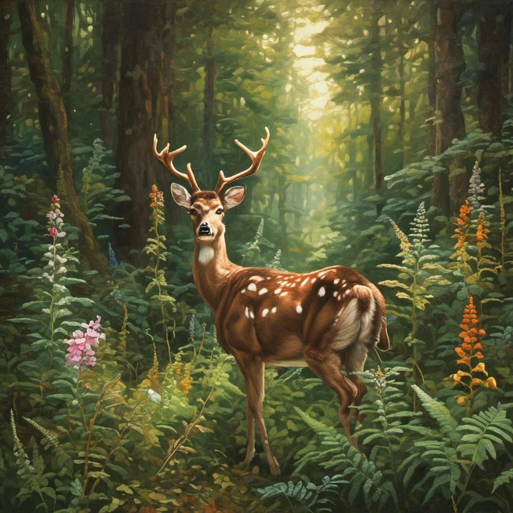 Deer in Forest Glade with Sunlight