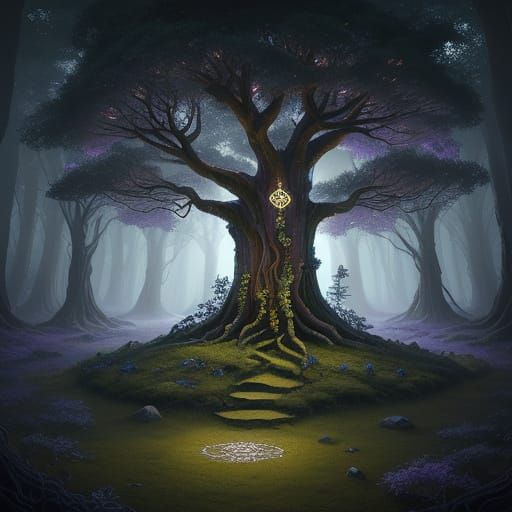 Mystical Celtic Tree at Dusk Digital Painting