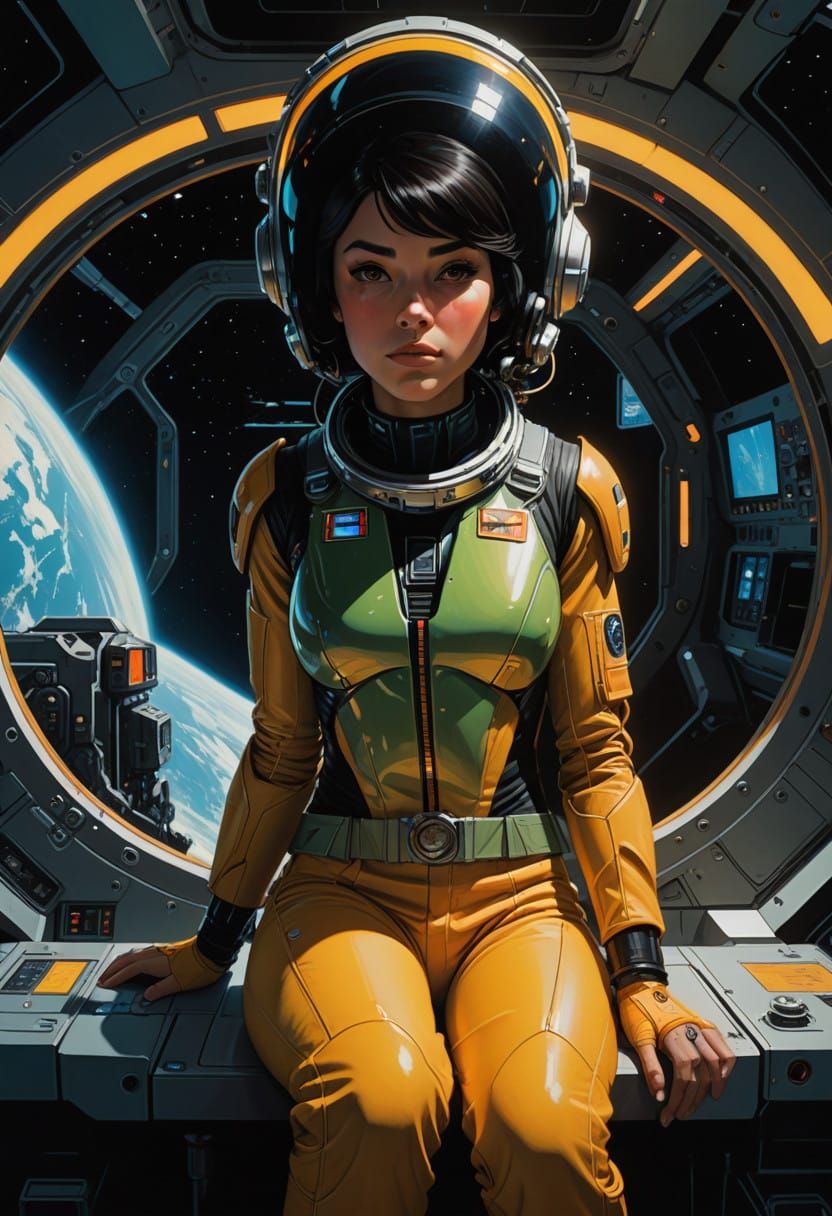 Heroic Female Astronaut in Advanced Spacecraft