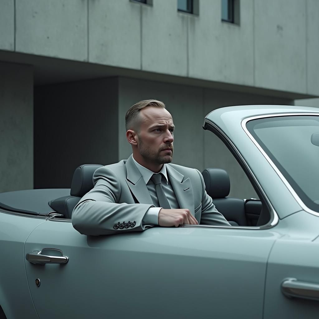 Man in Grey Suit in Minimalist Concrete Setting