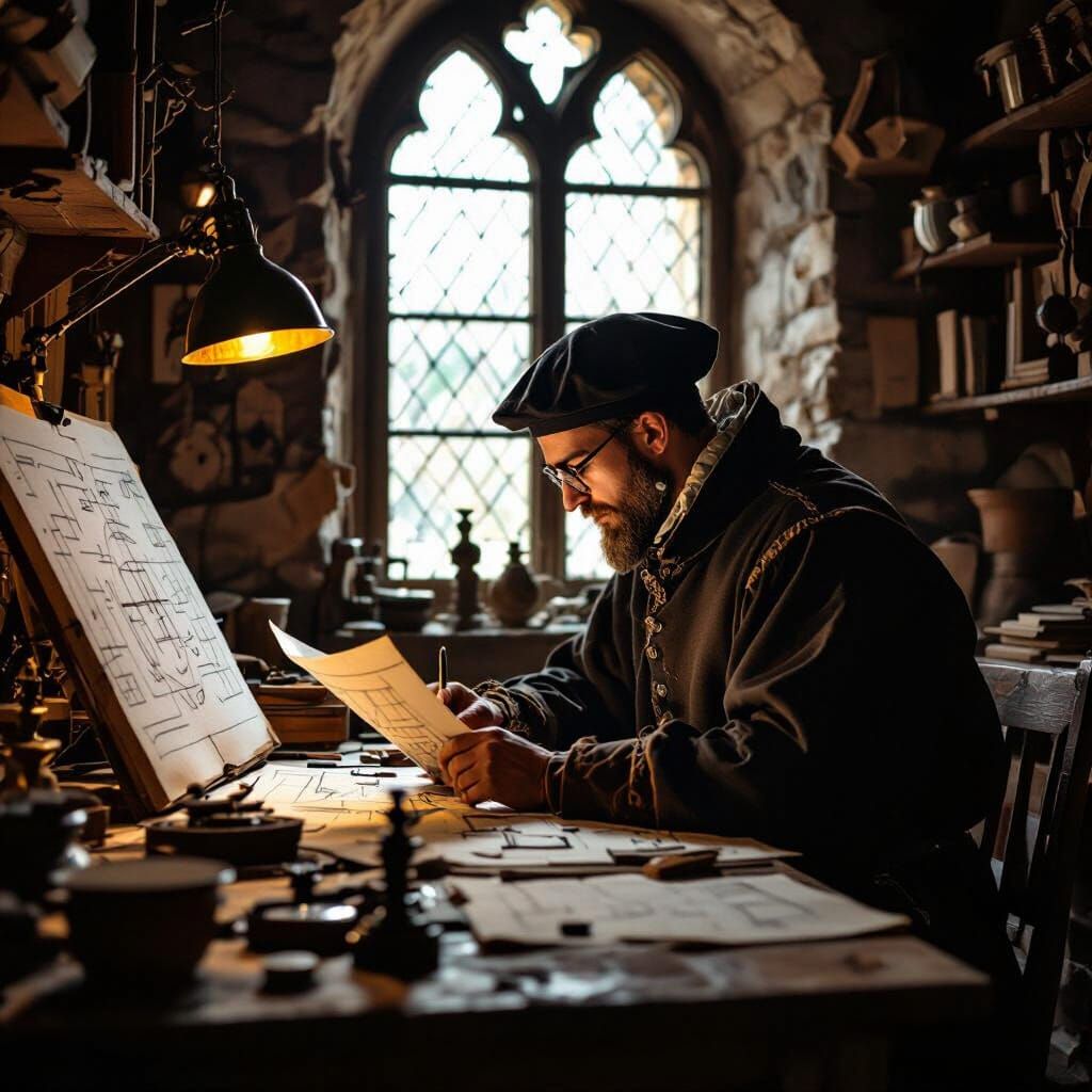 Medieval Mathematician in Renaissance Workshop in Chiaroscur...