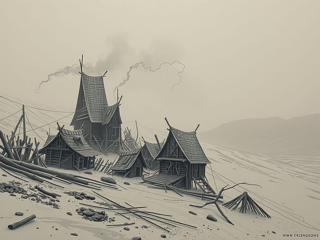 Ruined Viking Village in a Misty Veil of Desolation