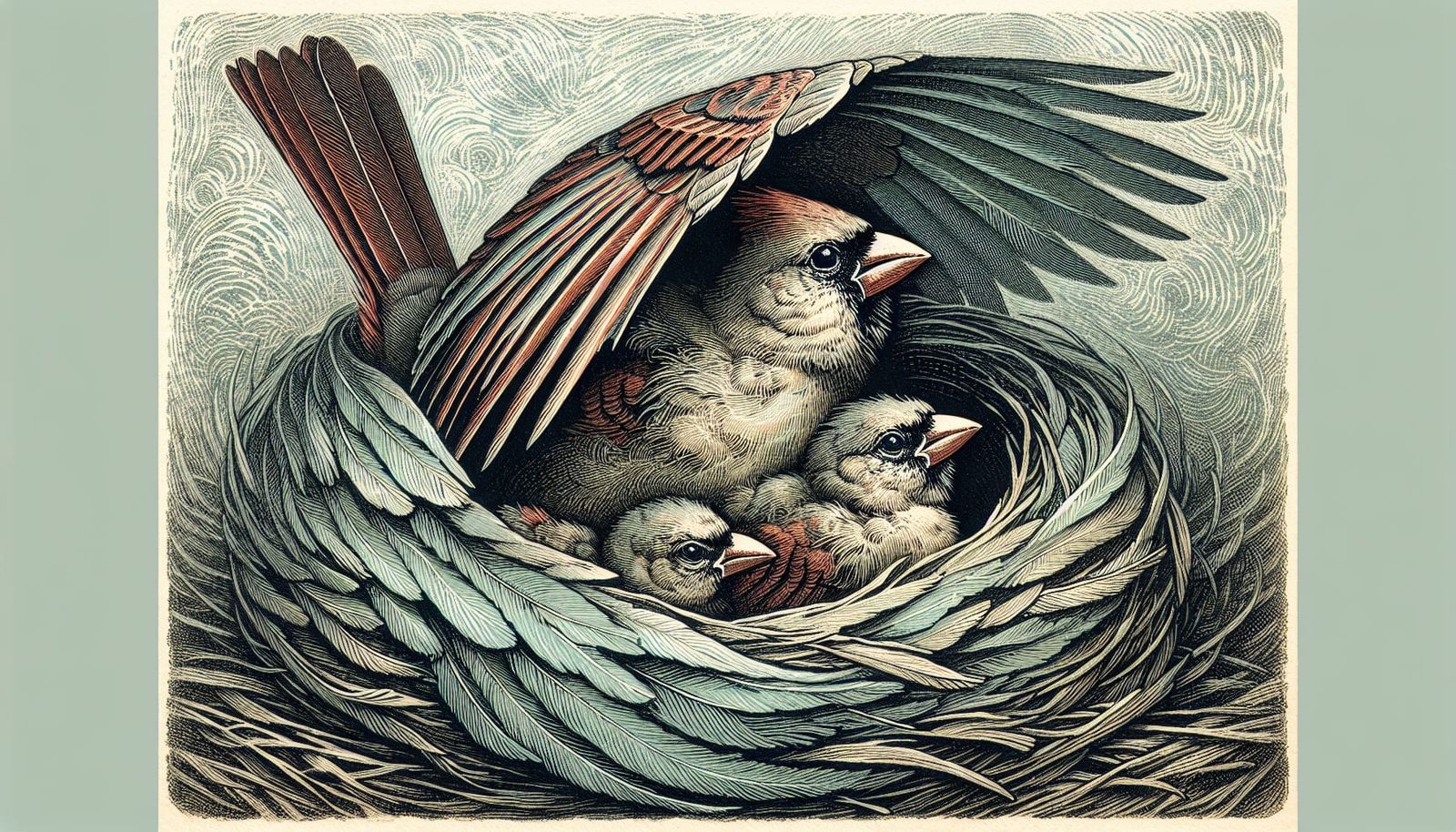 Mother Cardinal's Gentle Wings in Dreamy Watercolor