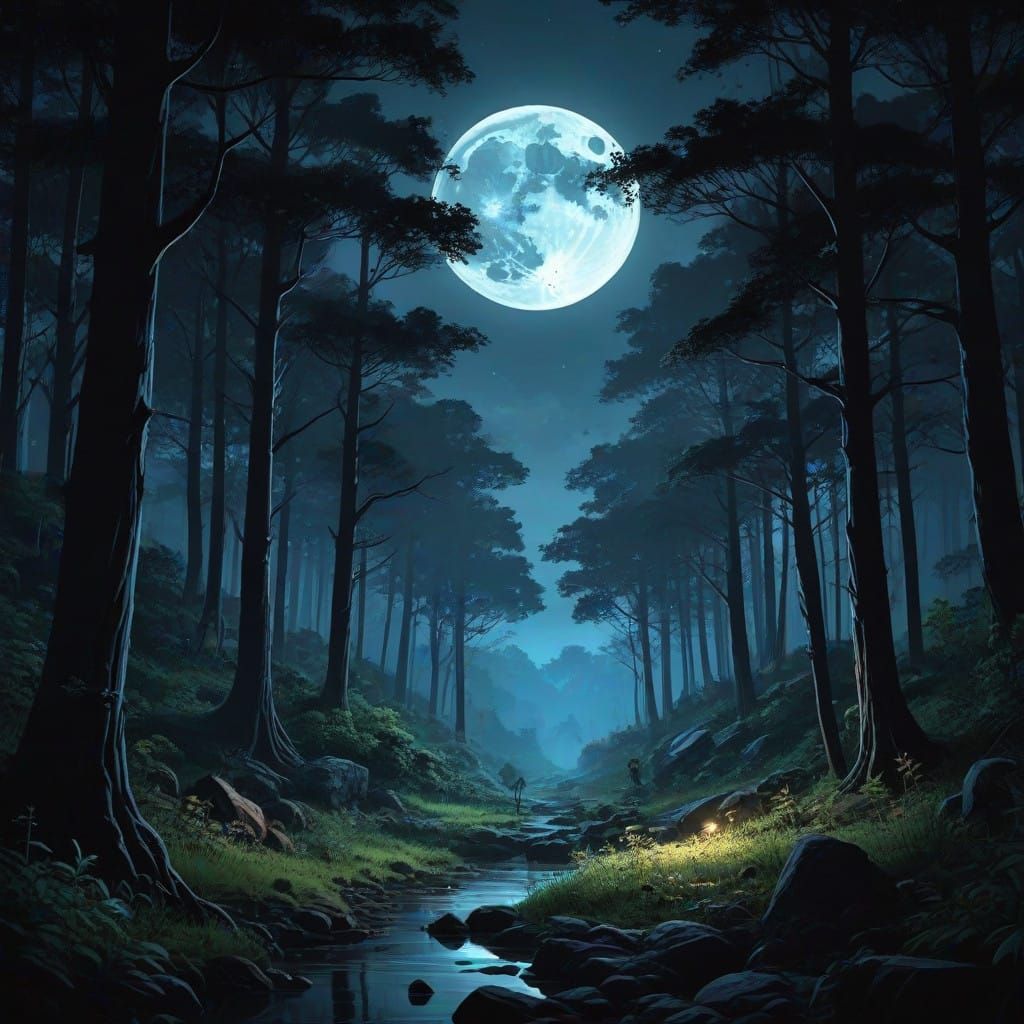Moonlit Forest Sanctuary in Dark Anime Style