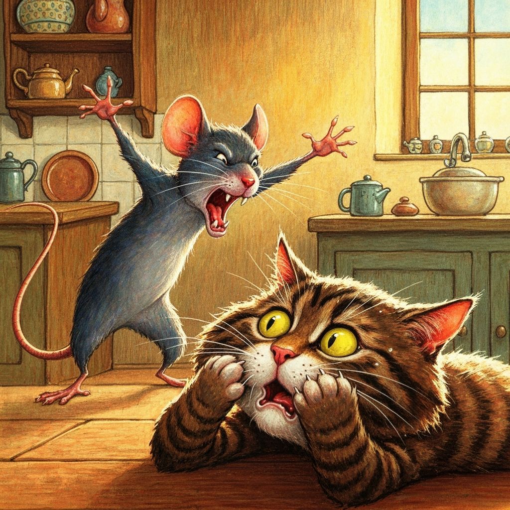 Mouse Scares Cat in Cozy Kitchen Caricature