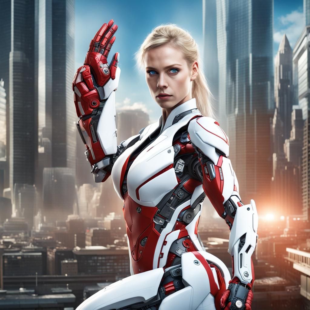 Cyborg Woman Fighter in Futuristic Cityscape