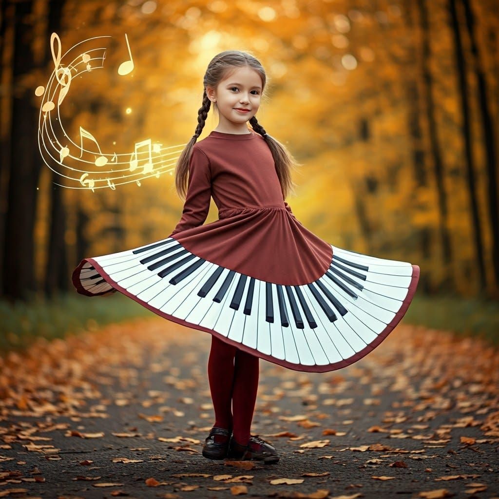 Whimsical Girl in Autumn Forest with Musical Piano Dress