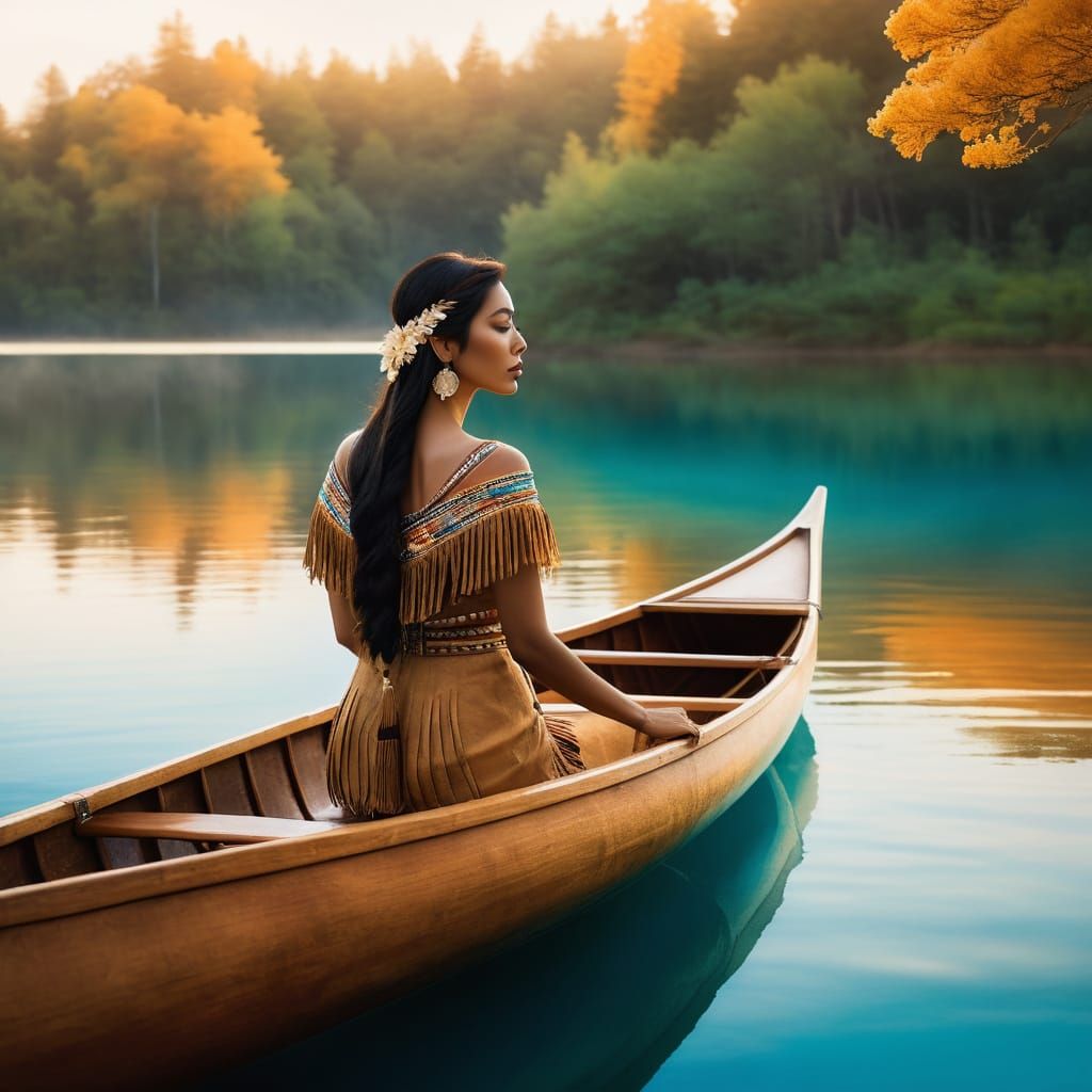 Ethereal Native American Goddess on Majestic Canoe Amid Lush...