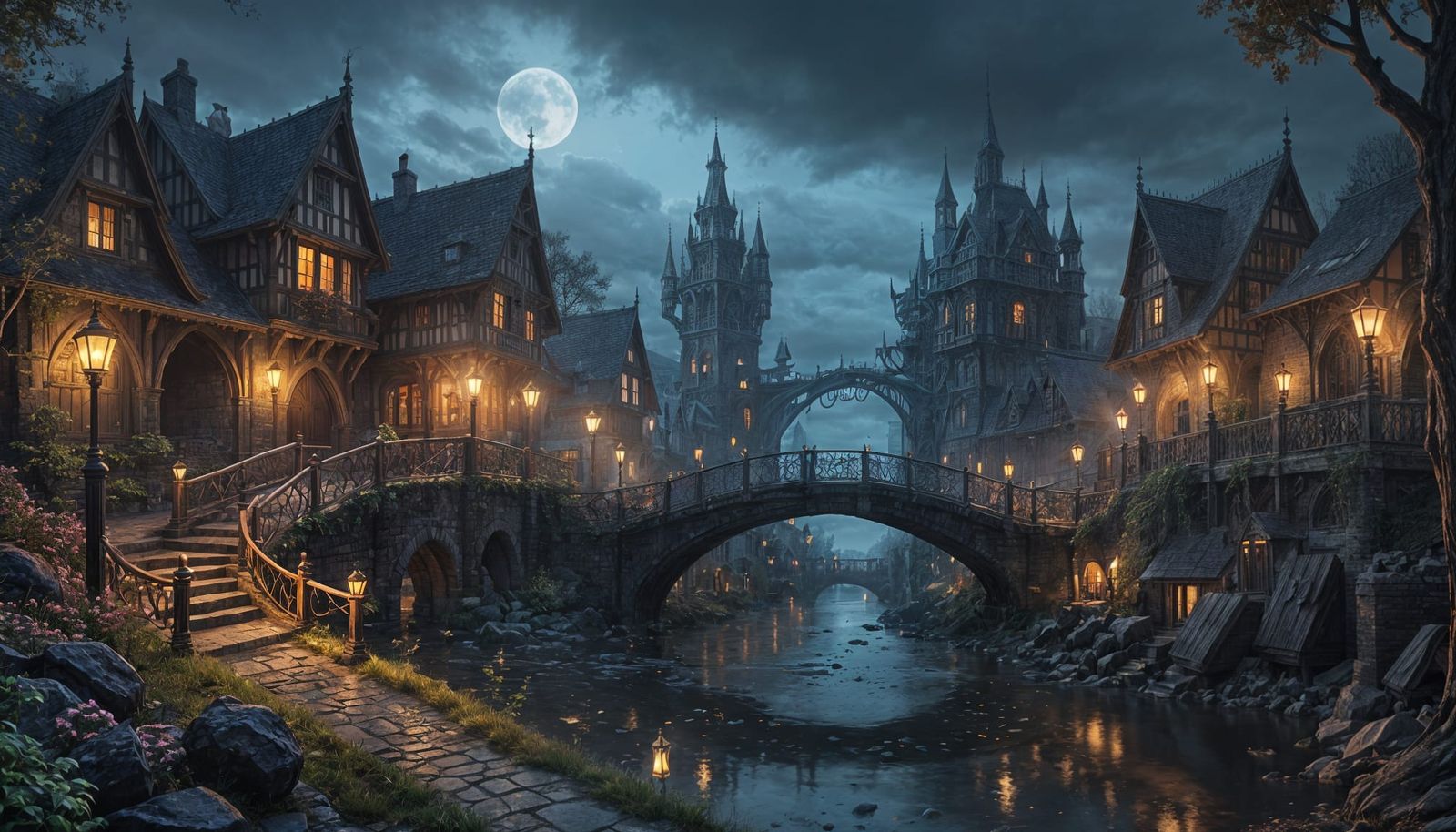 Gothic Fantasy Half Timbered Houses at Dusk